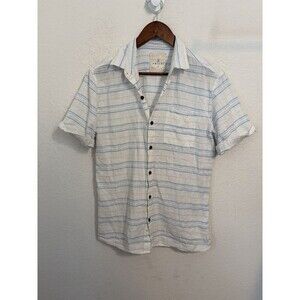 Amiani Mens Size S Blue Striped Cotton Button Up Shirt Beach Surf  Short Sleeve